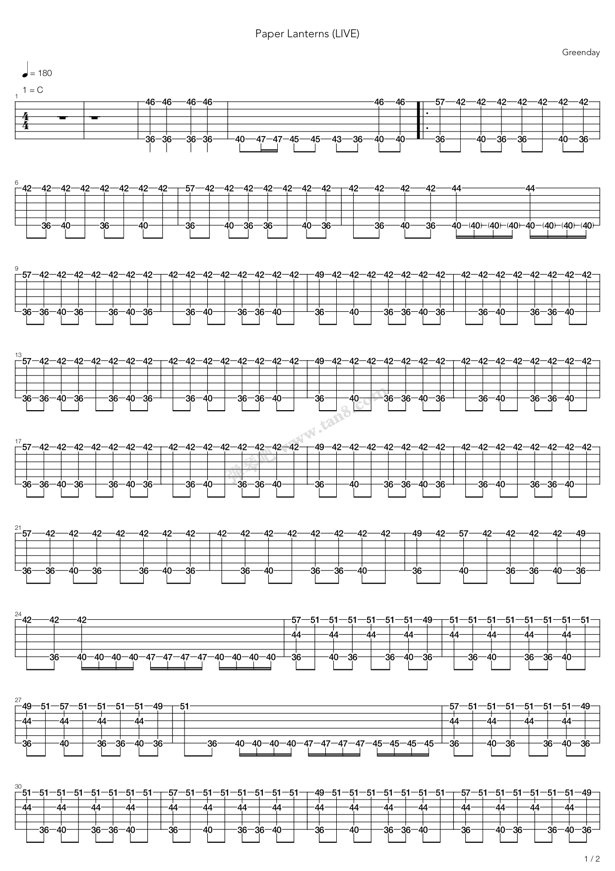 《Paper Lanterns》,Green Day（六线谱 调六线吉他谱虫虫吉他谱免费下载