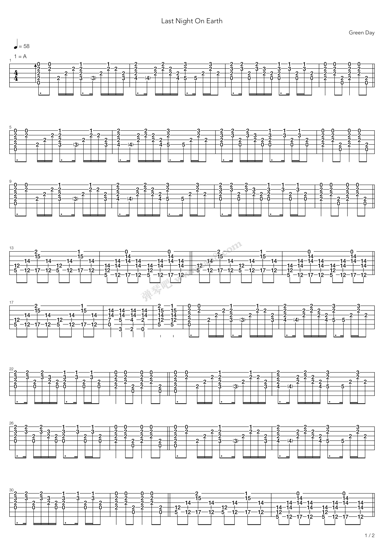 《last night on earth》,green day(六线谱 吉他谱吉他谱 第1页