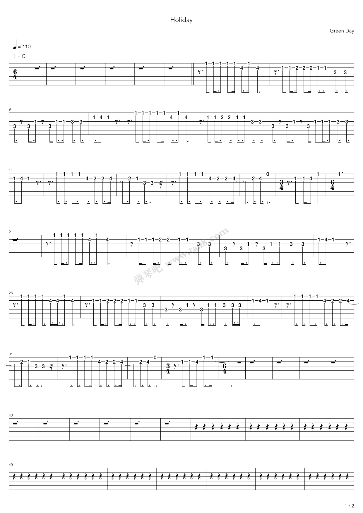 《holiday》,green day(六线谱 吉他谱吉他谱 第1页
