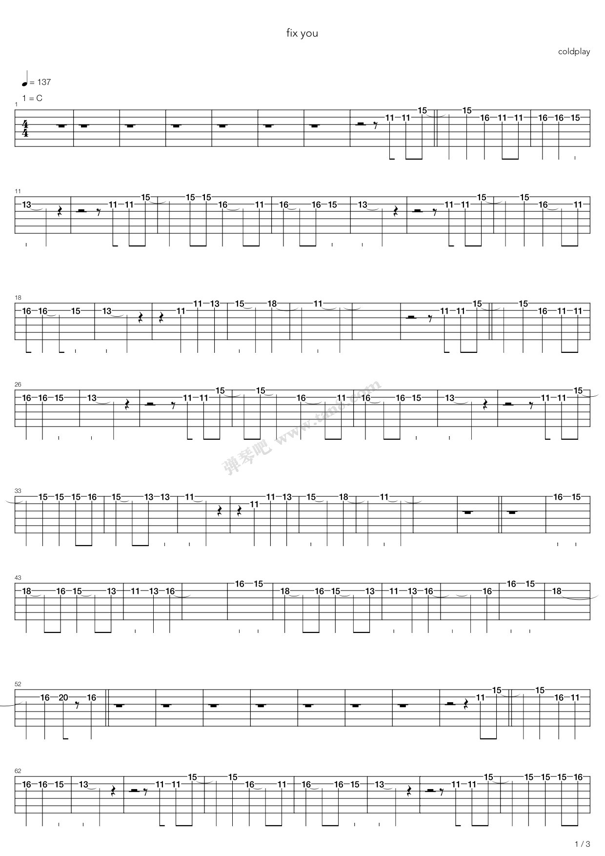 《fix you》,coldplay(六线谱 吉他谱吉他谱 第1页