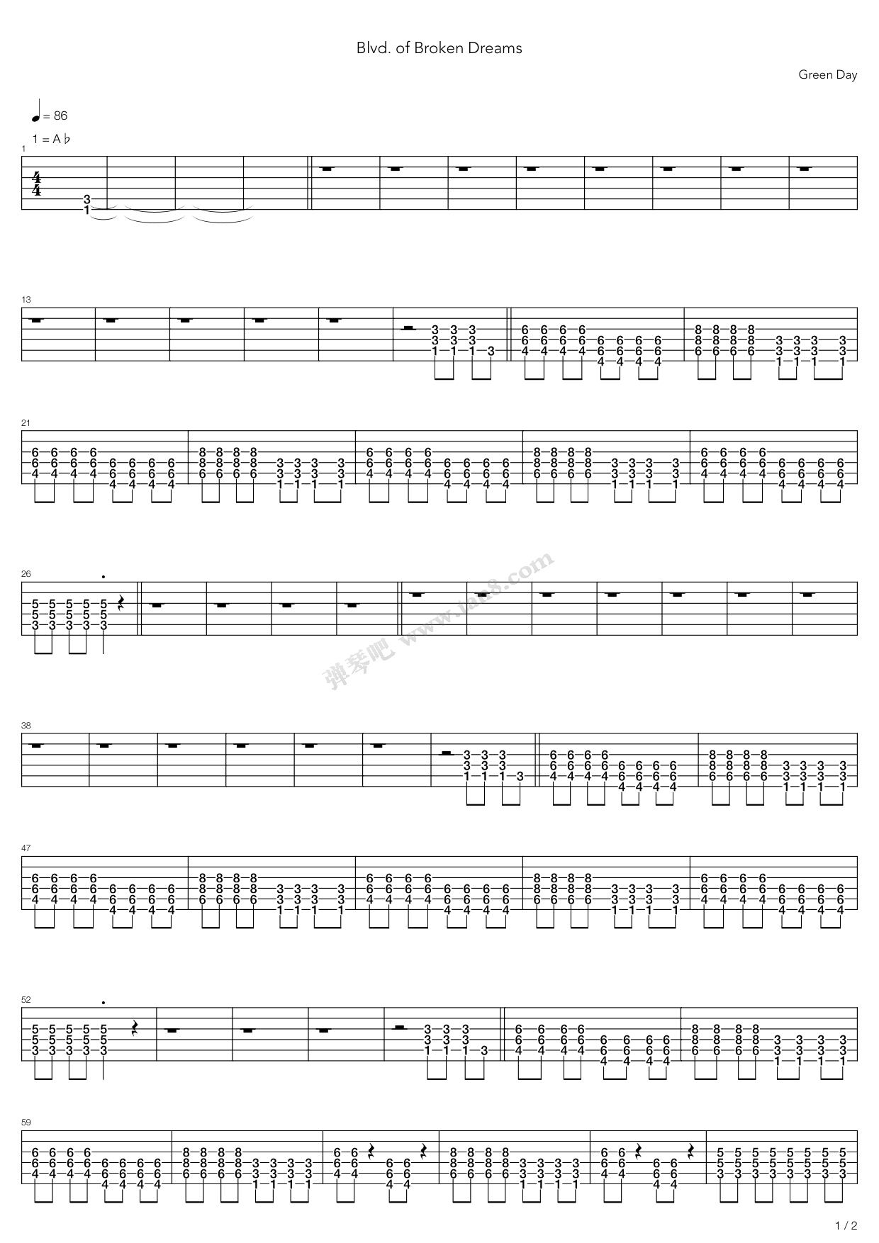 《boulevard of broken dreams》,green day(六线谱 吉他谱吉他谱 第1