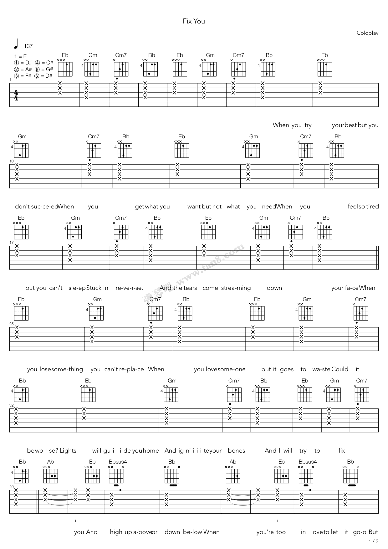 《fix you》,coldplay(六线谱 吉他谱吉他谱 第11页
