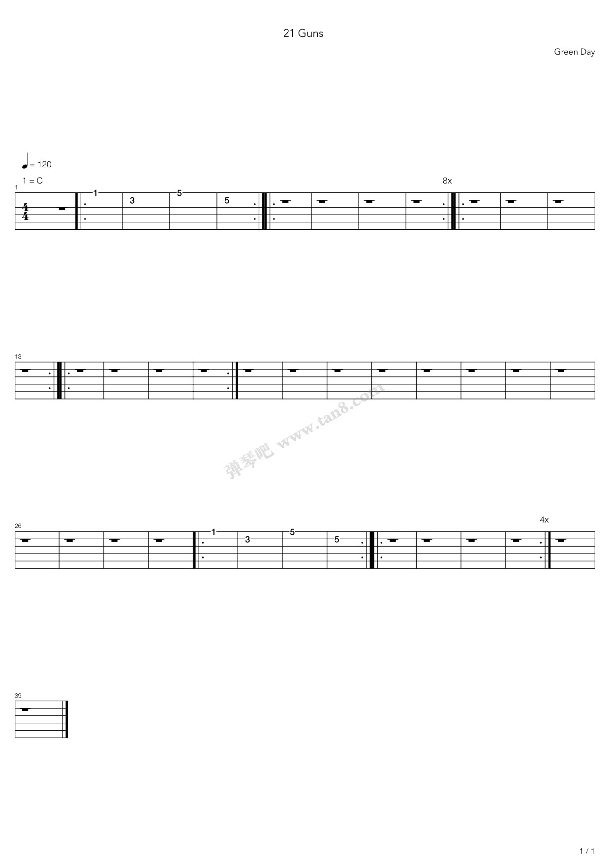 《21 guns》,green day(六线谱 吉他谱吉他谱 第1页