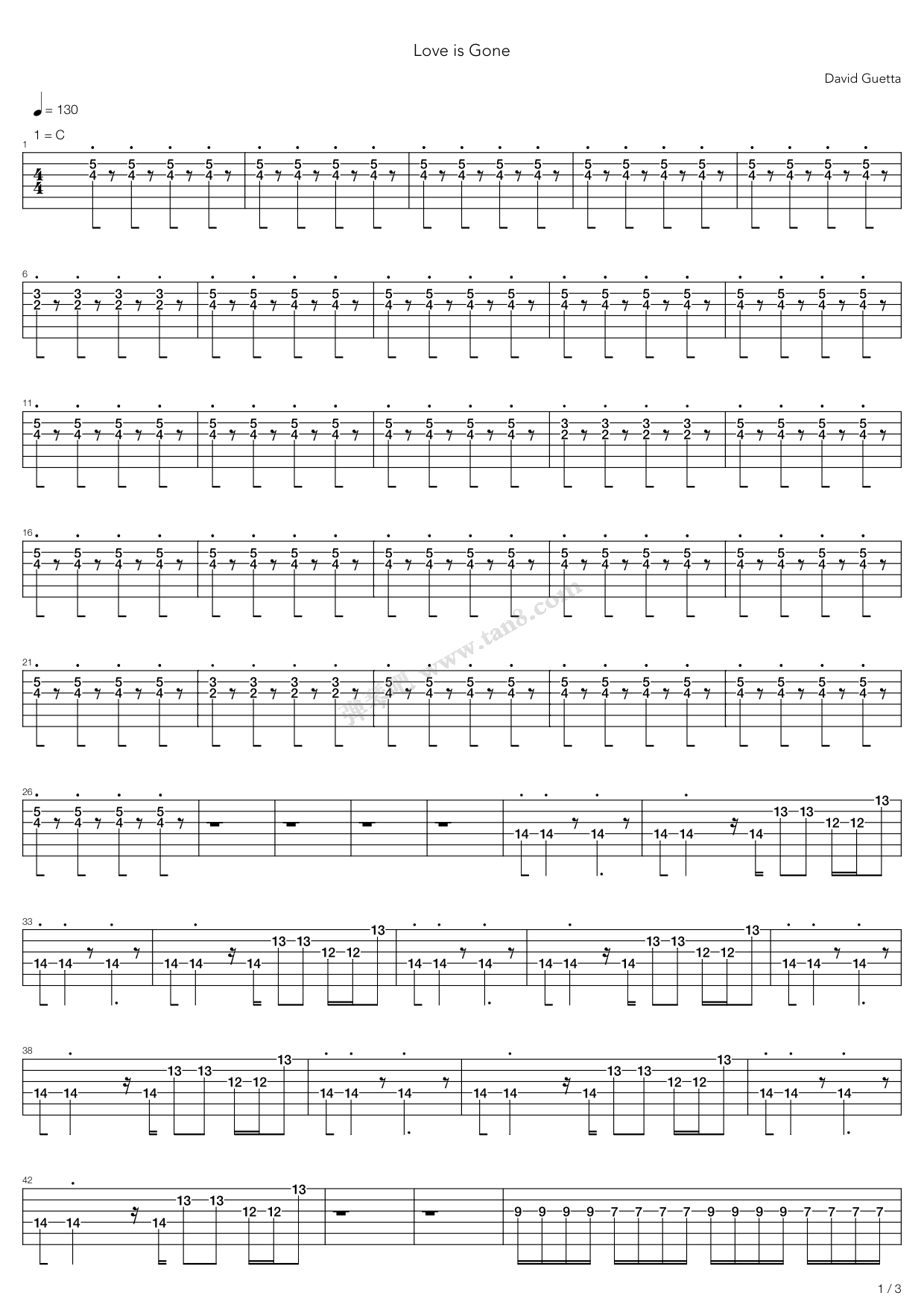 《love is gone》,david guetta(六线谱 吉他谱吉他谱 第1页