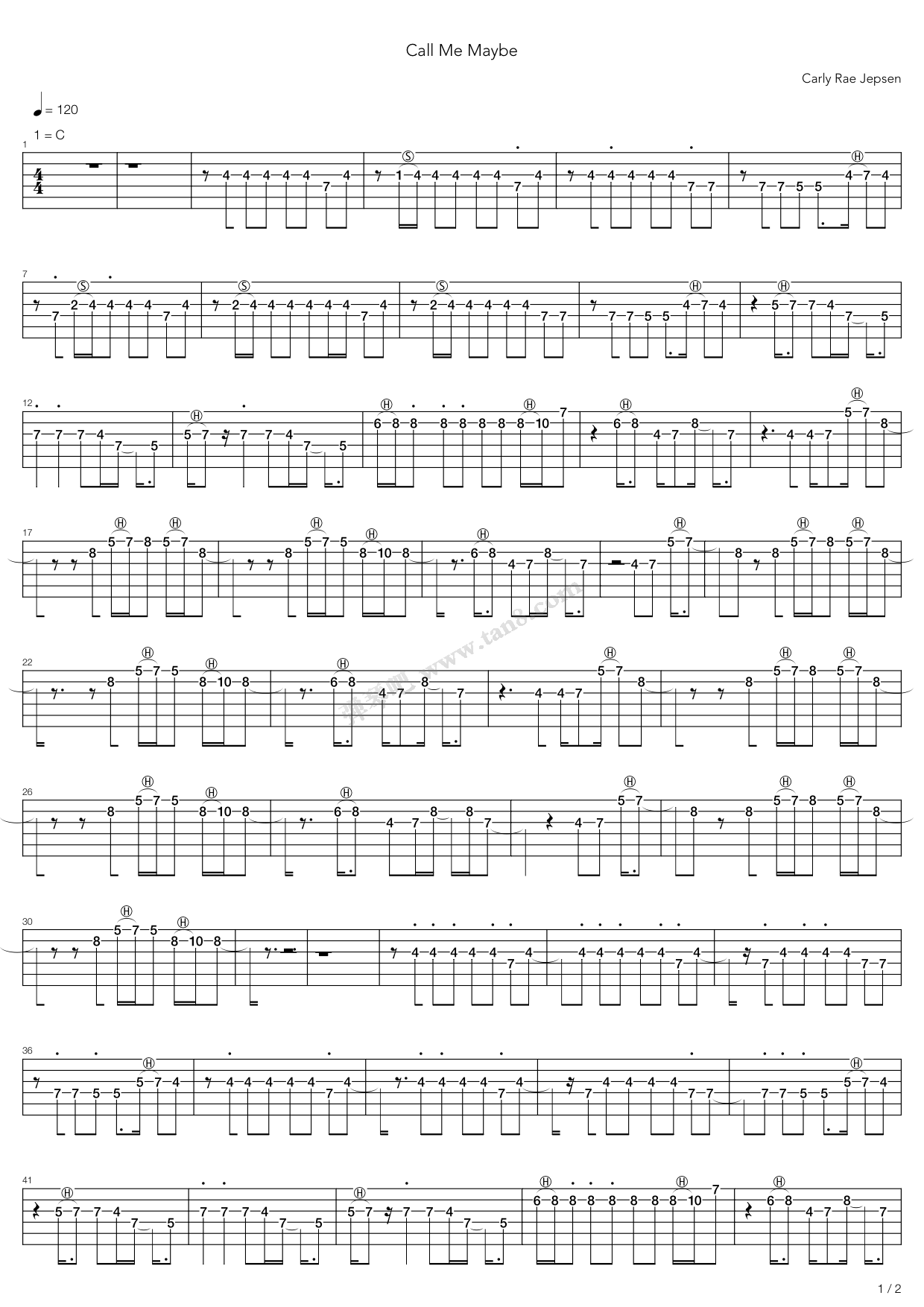 《call me maybe》,carly rae jepsen(六线谱 吉他谱吉他谱 第1页