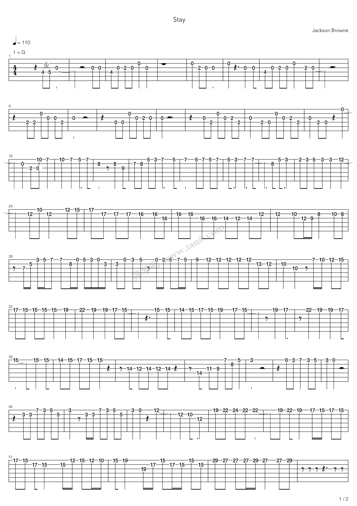 《stay》,jackson browne(六线谱 吉他谱吉他谱 第1页