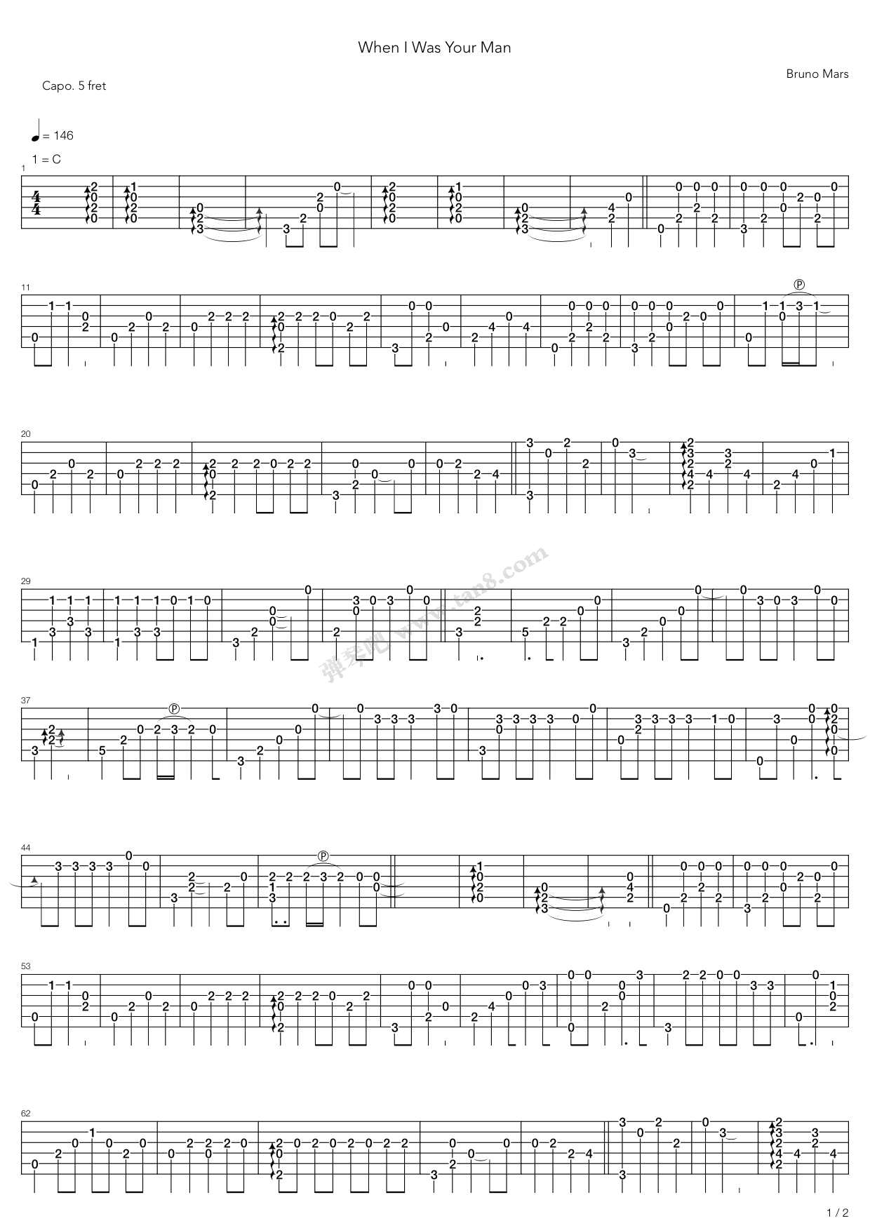《When I Was Your Man》,Bruno Mars（六线谱 调六线吉他谱虫虫吉他谱免费下载