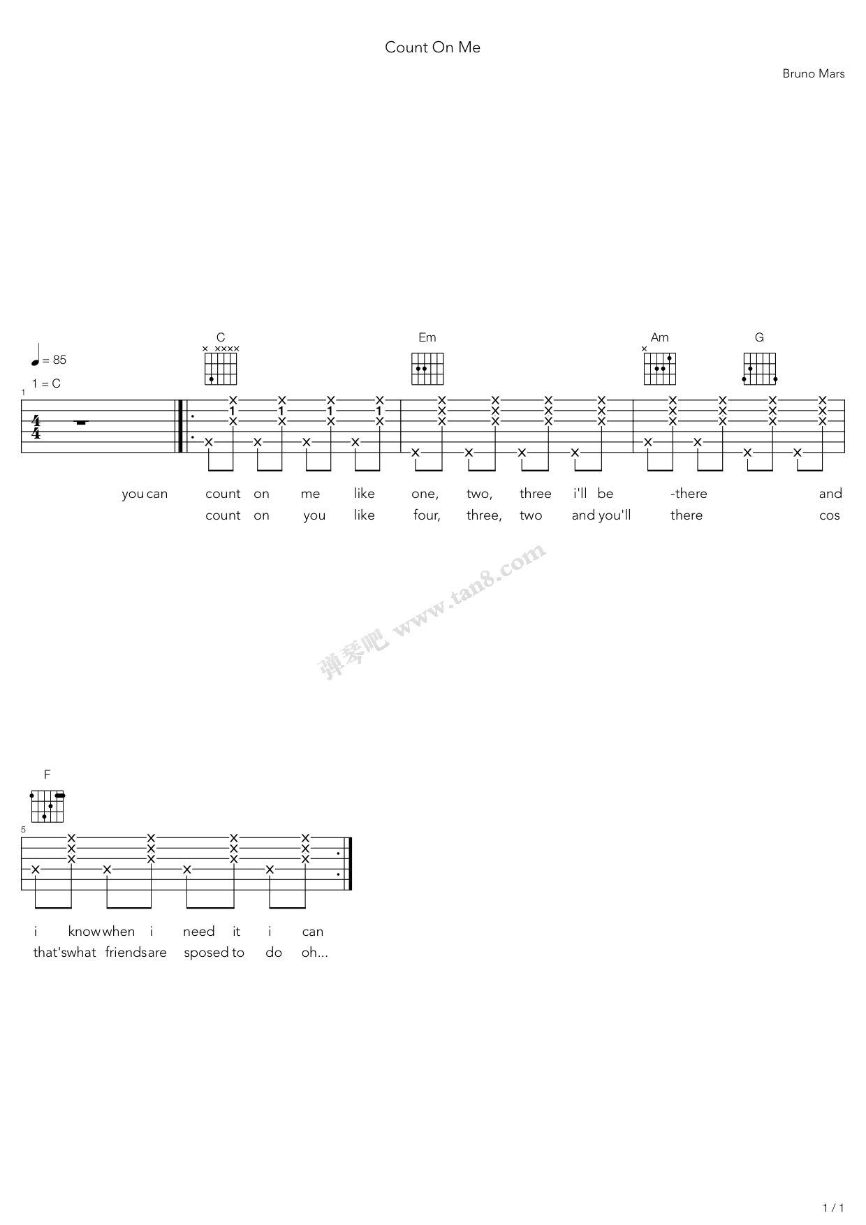 《count on me》,bruno mars(六线谱 吉他谱吉他谱 第1页