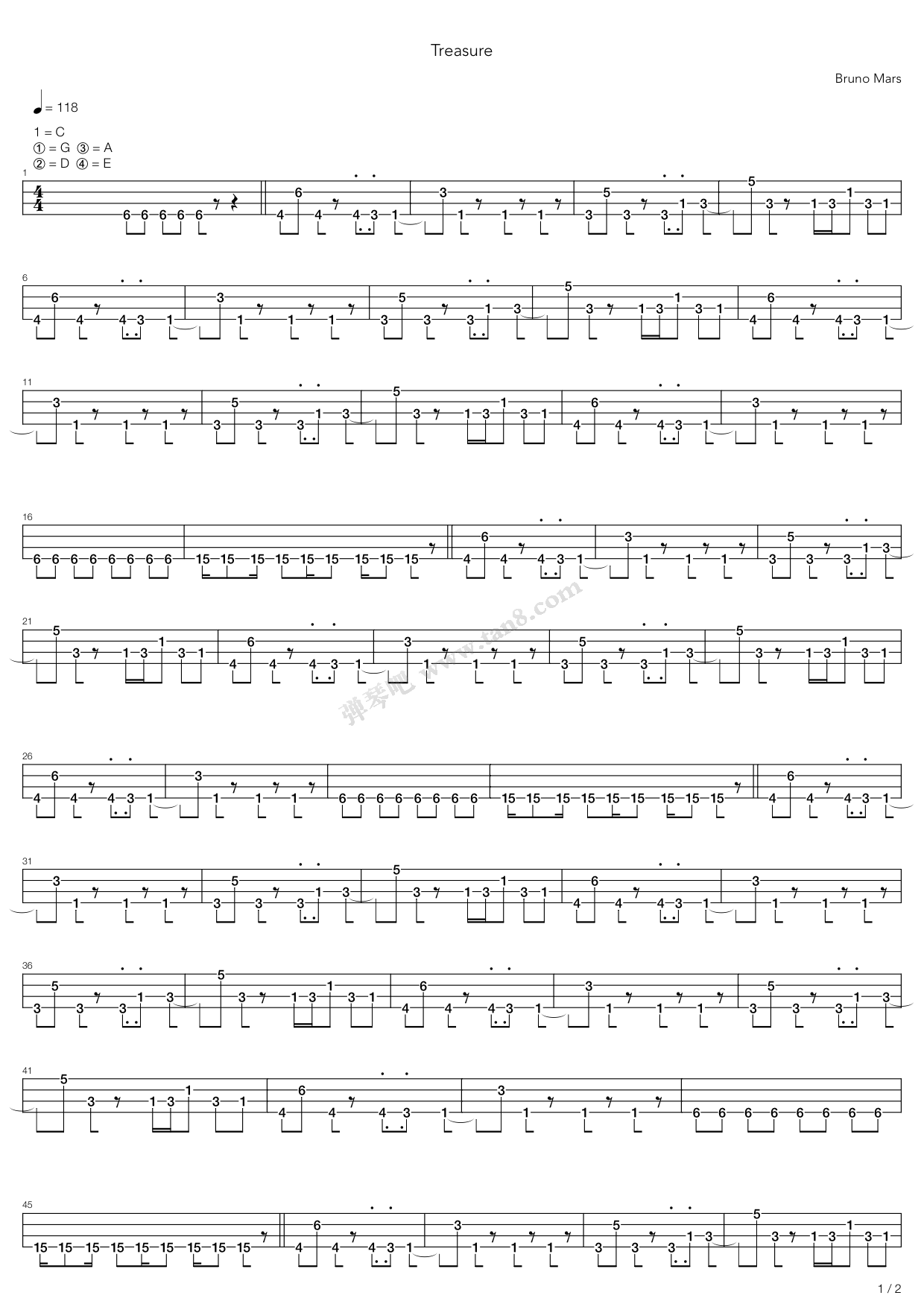 《treasure》,bruno mars(六线谱 吉他谱吉他谱 第1页