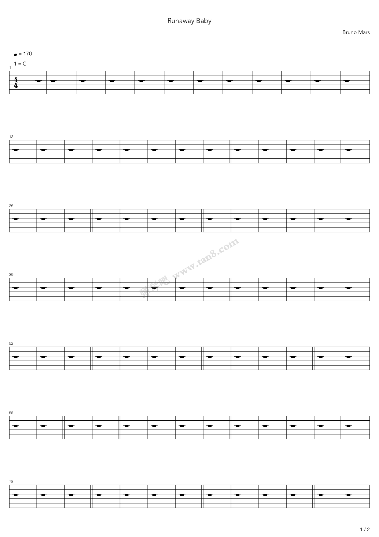 《runaway baby》,bruno mars(六线谱 吉他谱吉他谱 第1页