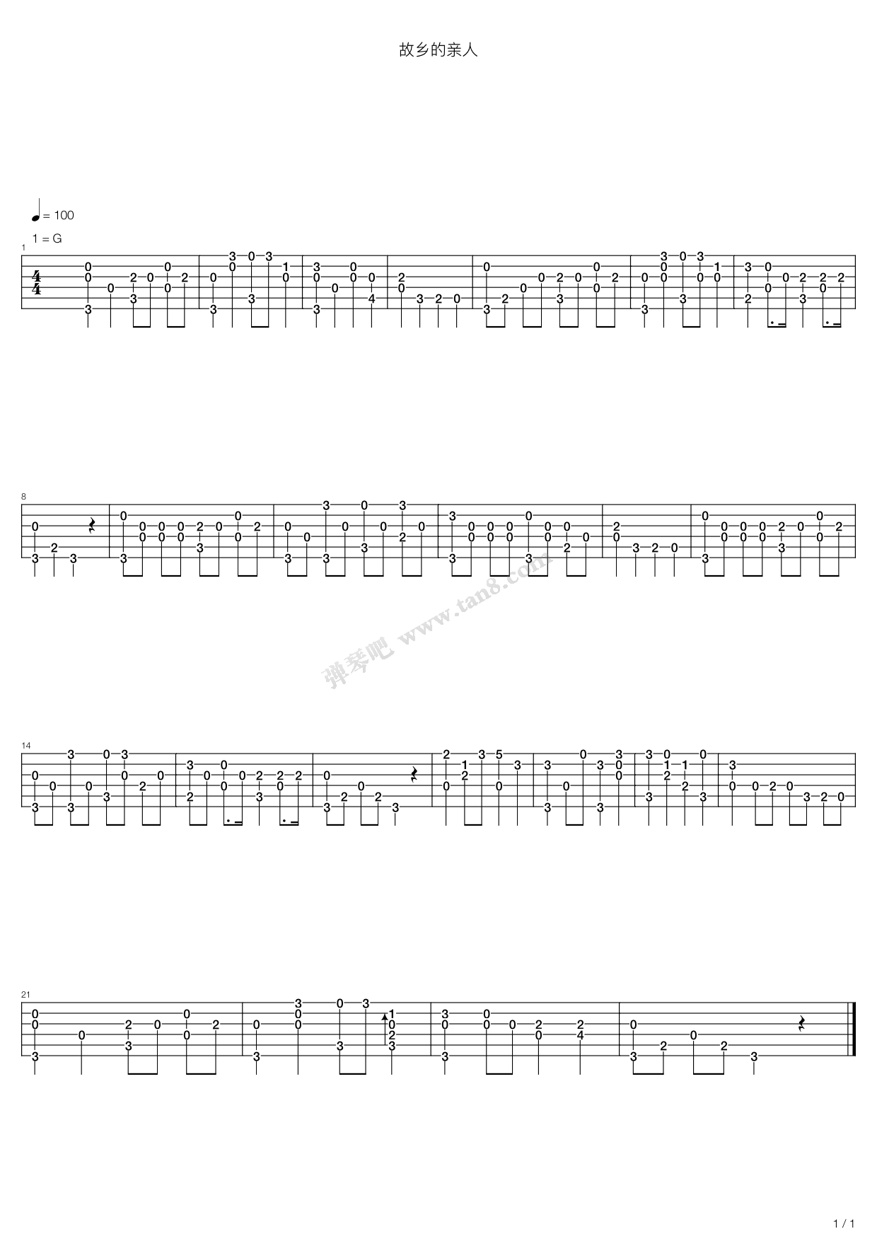 《故乡的亲人》,群星(六线谱 吉他谱吉他谱 第1页