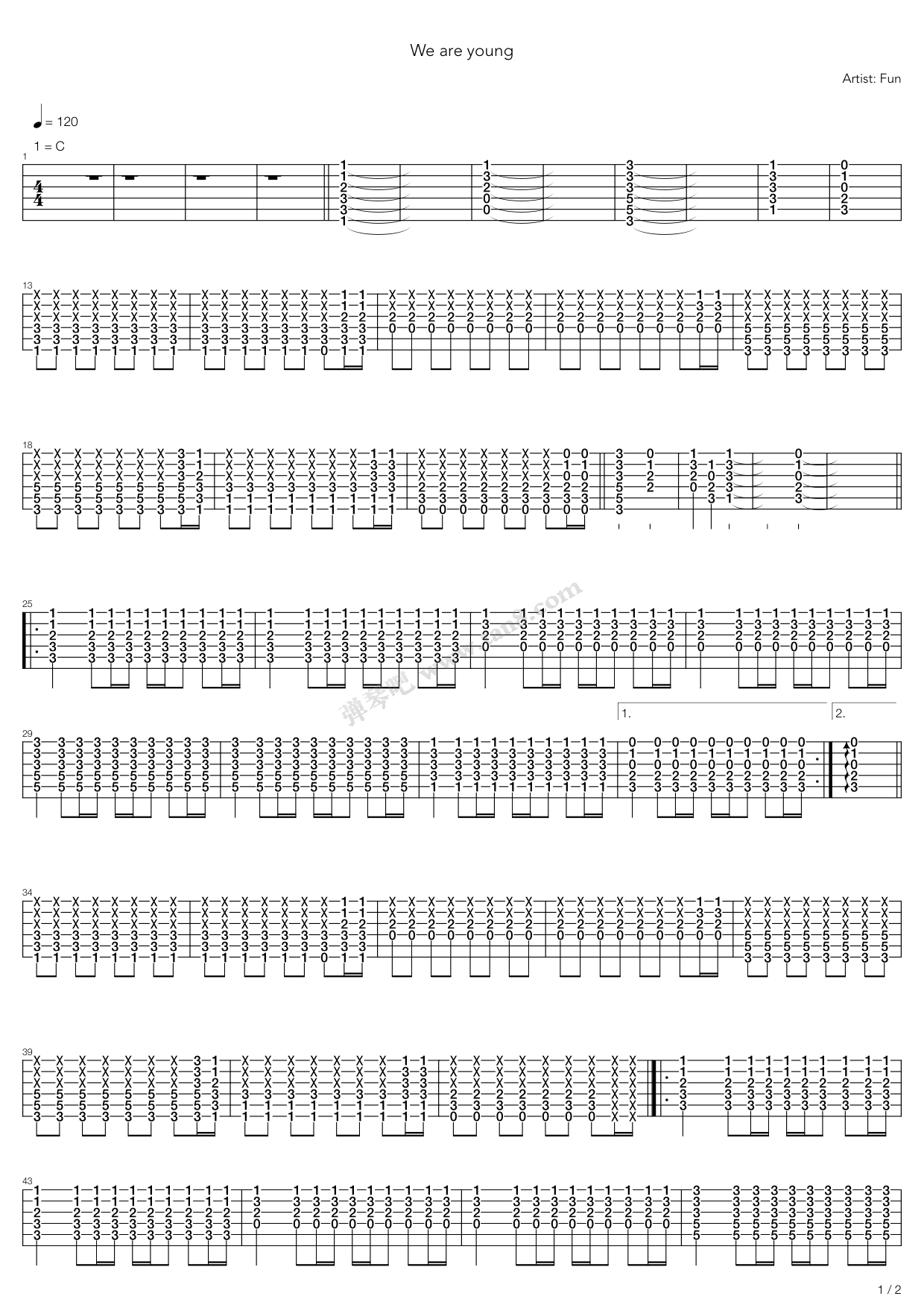 《we are young》,fun.(六线谱 吉他谱吉他谱 第1页
