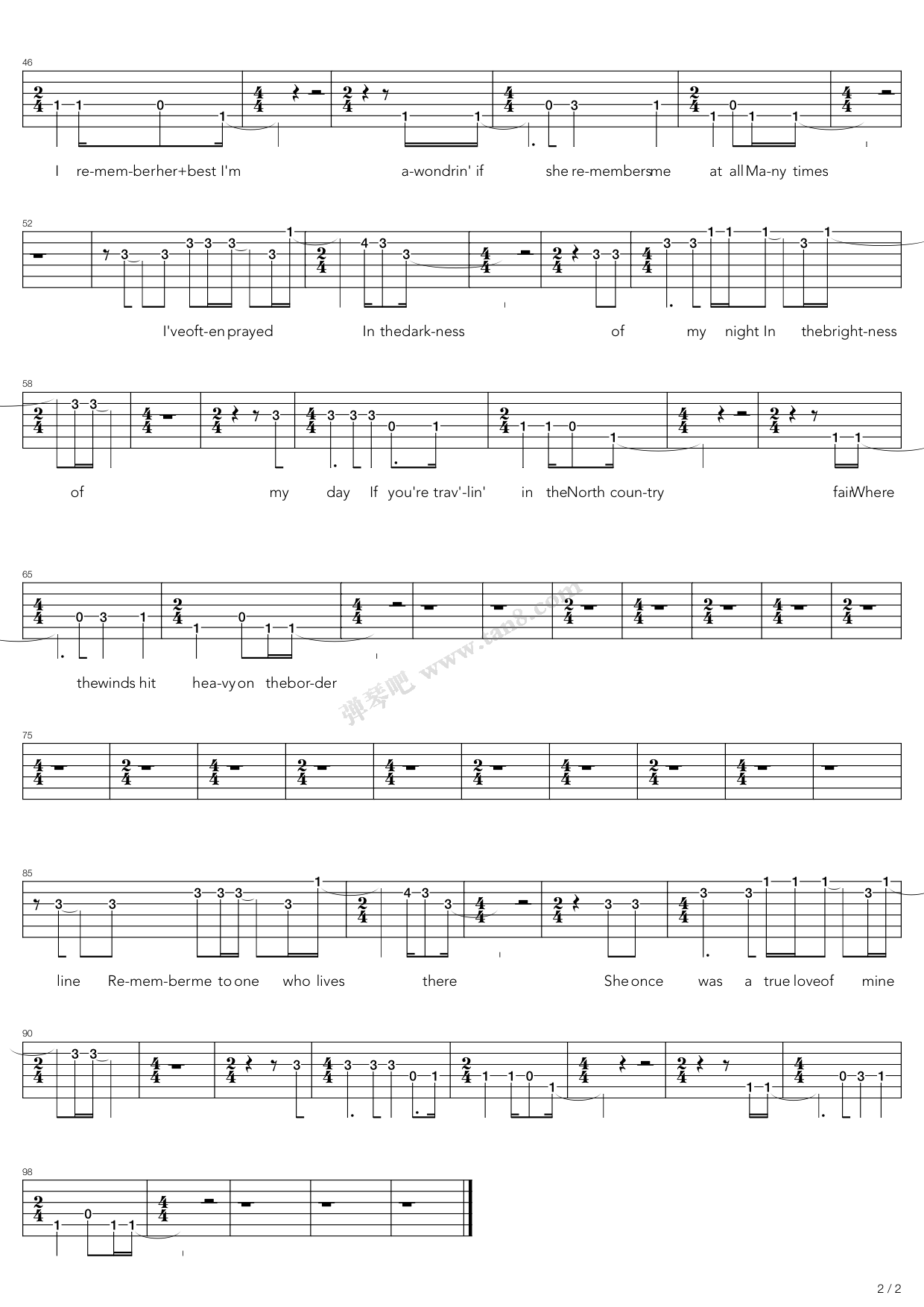 《girl from the north country》,bob dylan(六线谱 吉他谱吉他谱 第