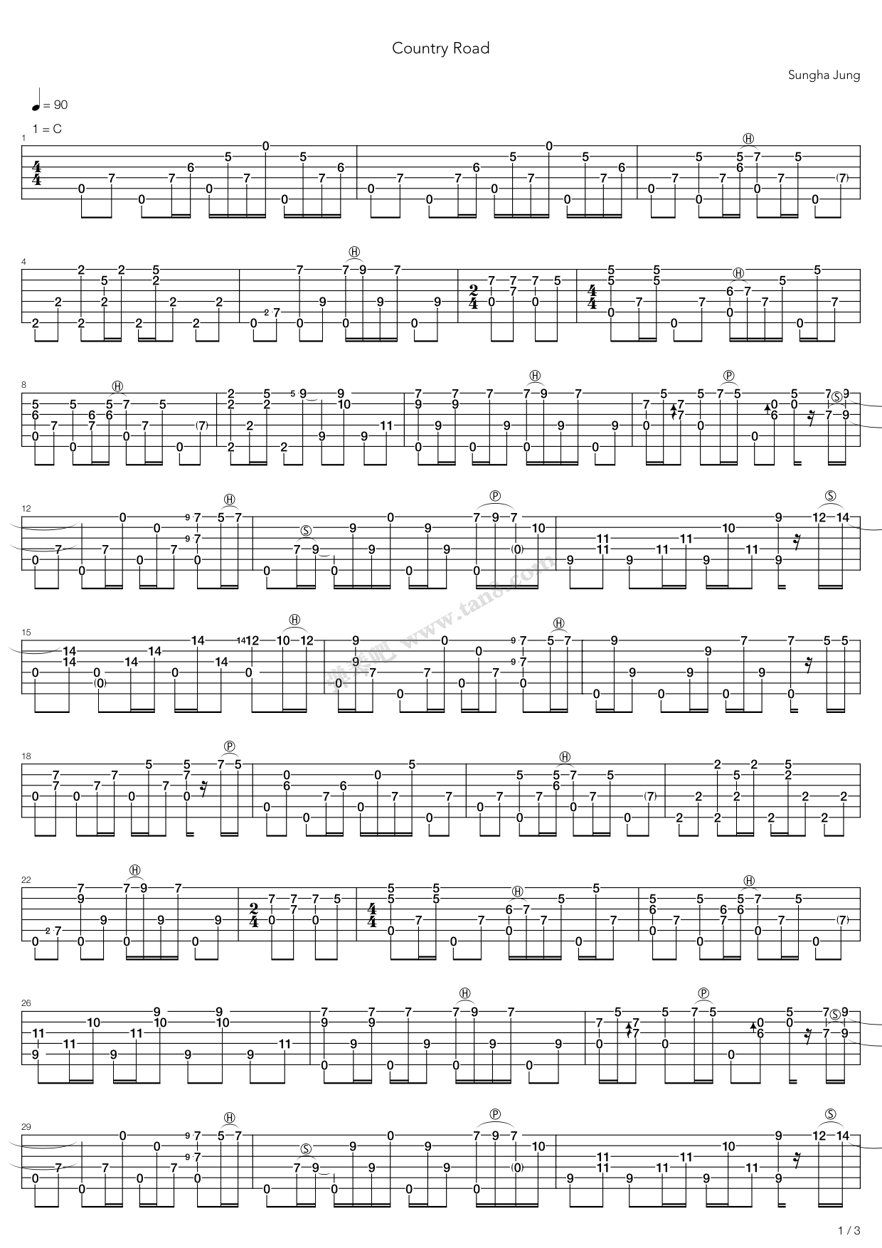 《country road(指弹版,郑成河)》,郑成河(六线谱 吉他谱吉他谱 第1页