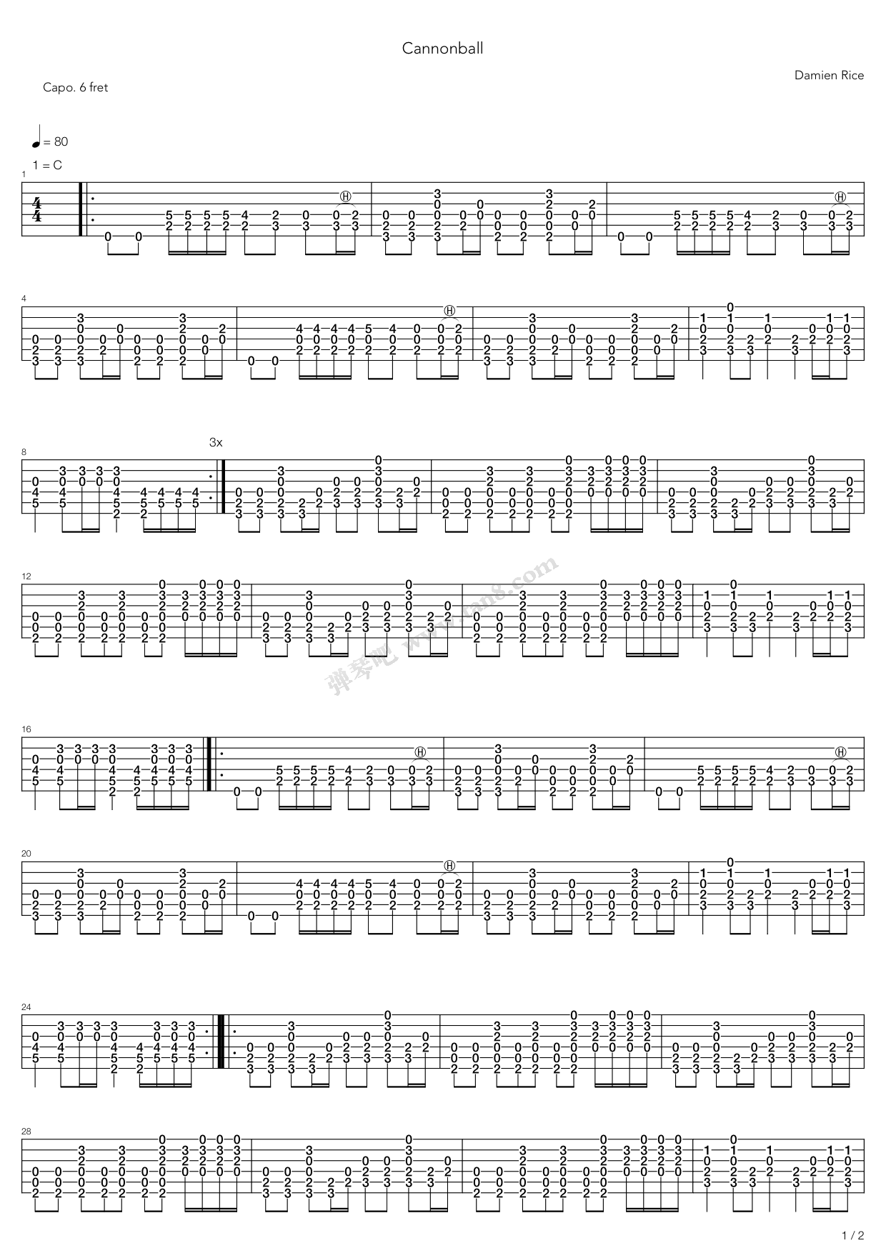 《cannonball》,damien rice(六线谱 吉他谱吉他谱 第1页