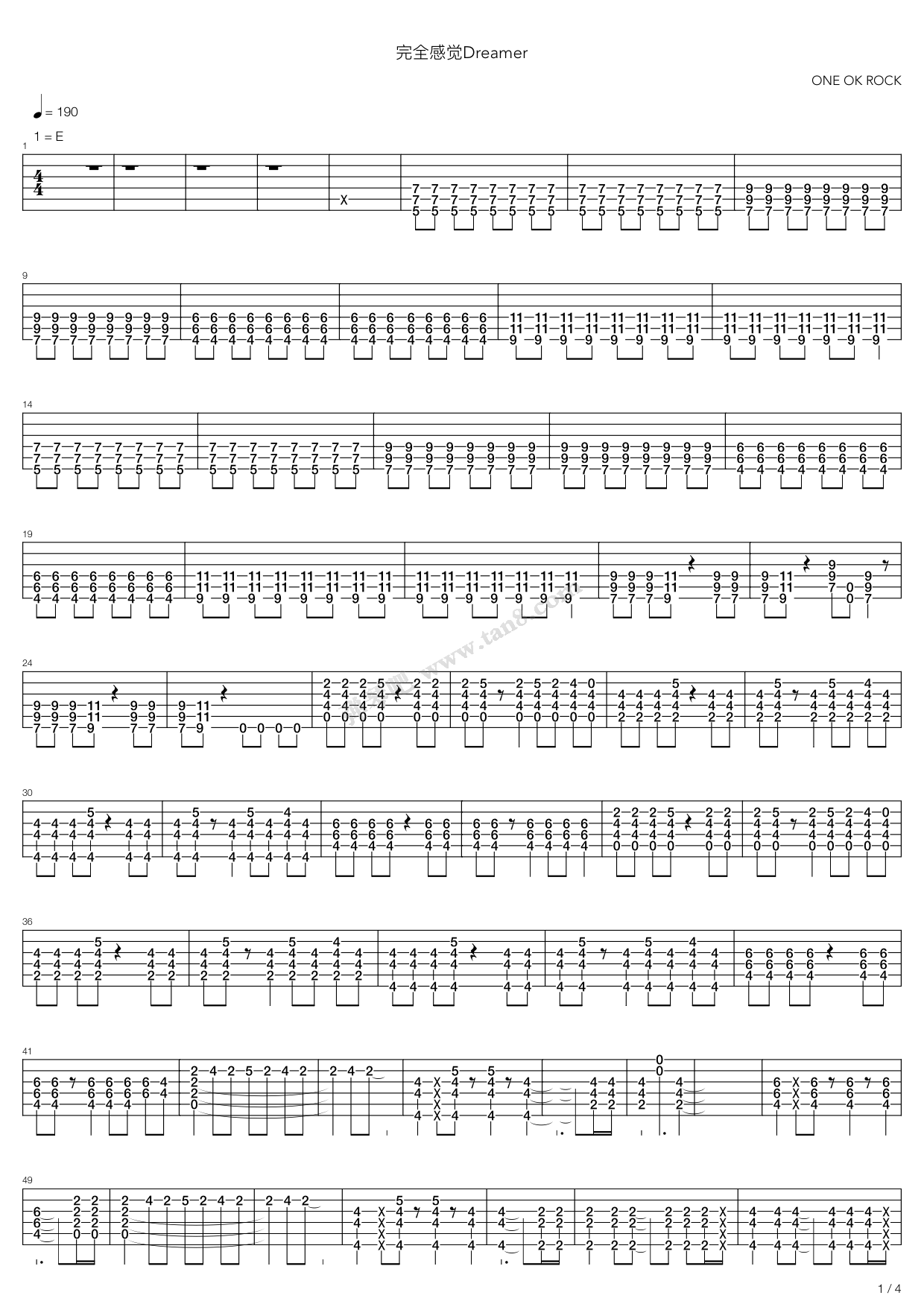 《完全感觉dreamer》,one ok rock(六线谱 吉他谱吉他谱 第1页