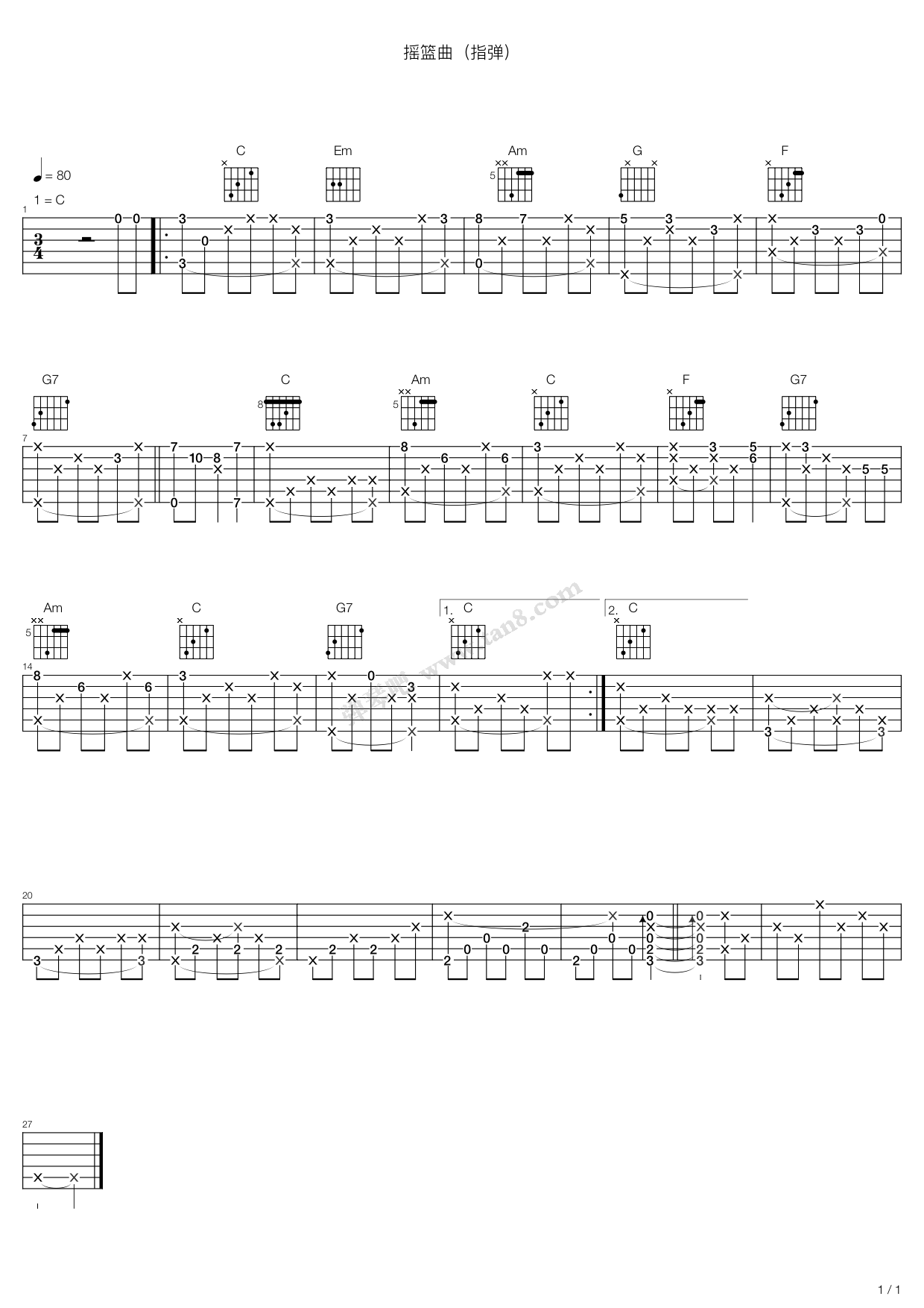 《lullaby(摇篮曲)》,johannes brahms(六线谱 吉他谱吉他谱 第1页