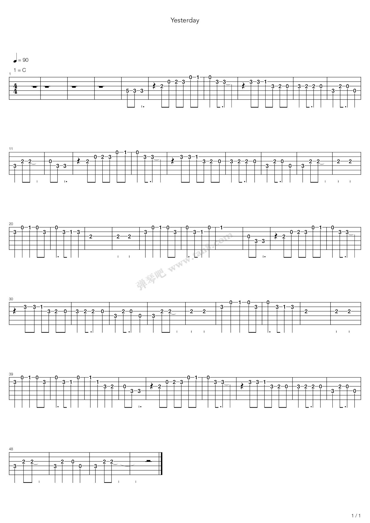 《yesterday》,the beatles(六线谱 吉他谱吉他谱 第1页