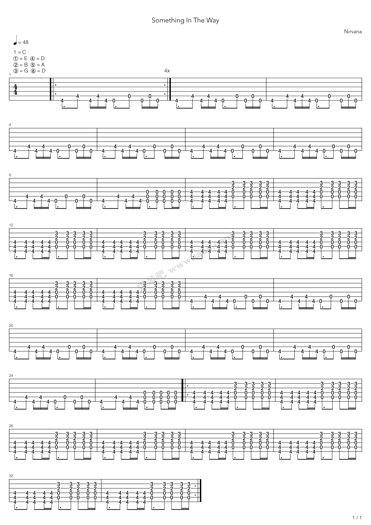 《something in the way》,nirvana(六线谱 吉他谱吉他谱 第1页