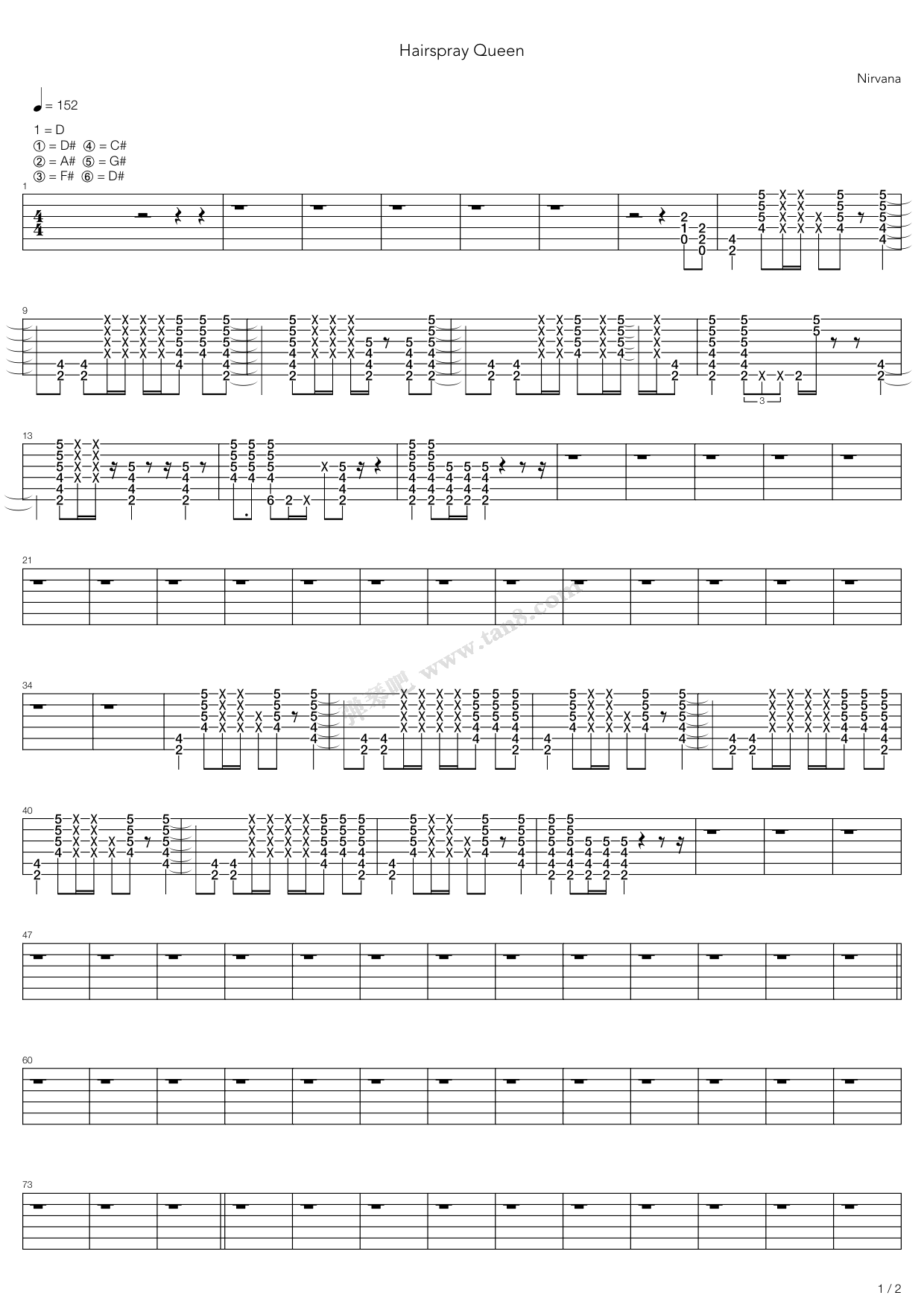 《Hairspray Queen》,Nirvana（六线谱 调六线吉他谱虫虫吉他谱免费下载