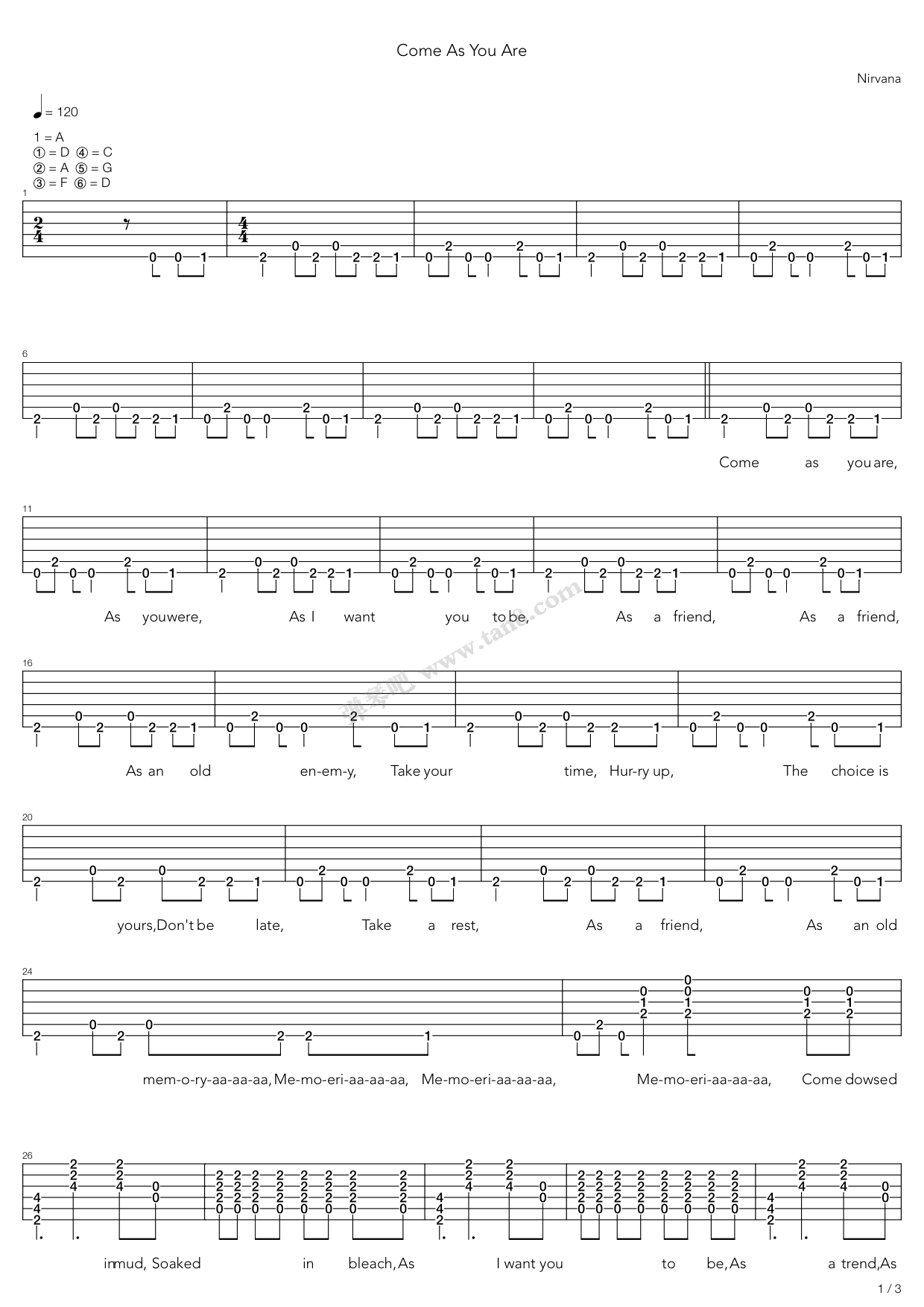 《come as you are》,nirvana(六线谱 吉他谱吉他谱 第1页