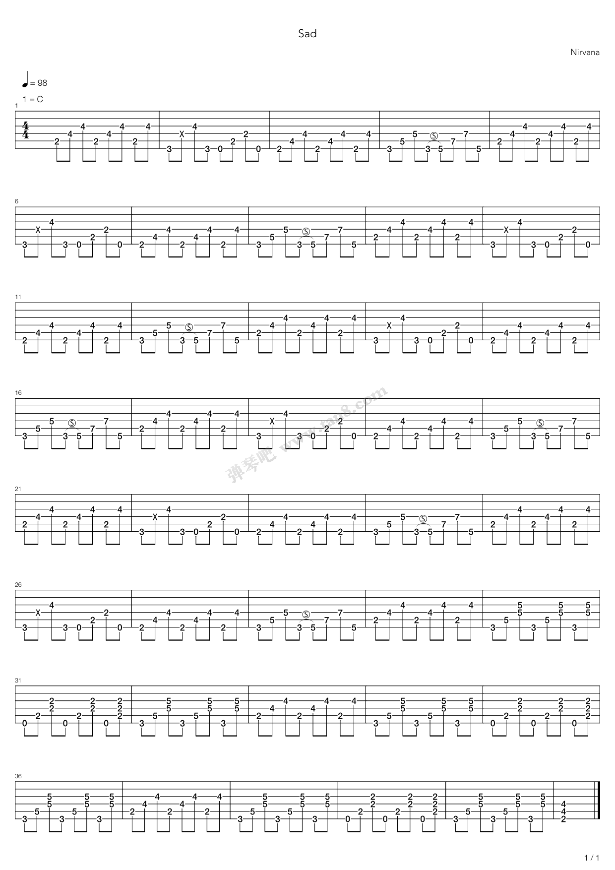 《sad》,nirvana(六线谱 吉他谱吉他谱 第1页