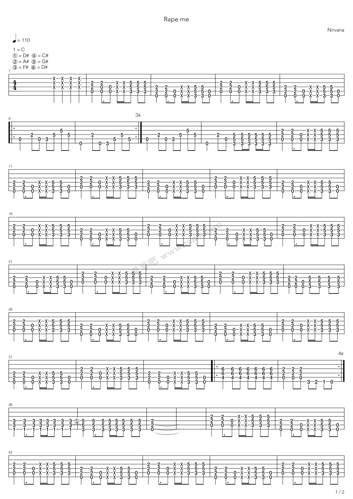 《rape me》,nirvana(六线谱 吉他谱吉他谱 第1页