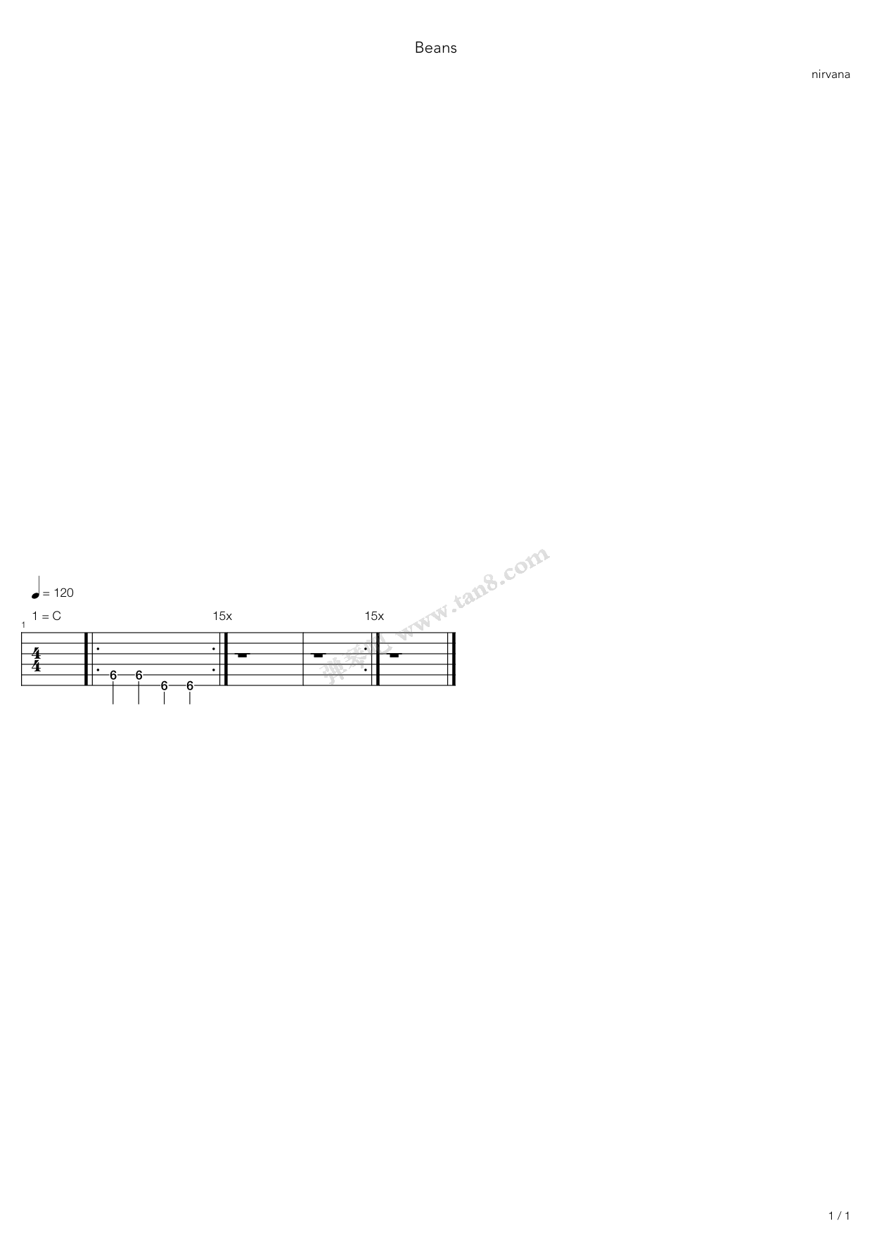 《Beans》,Nirvana（六线谱 调六线吉他谱虫虫吉他谱免费下载