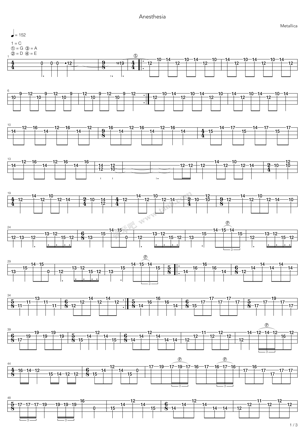 《anesthesia (pulling teeth)》,metallica(六线谱 吉他谱吉他谱 第1