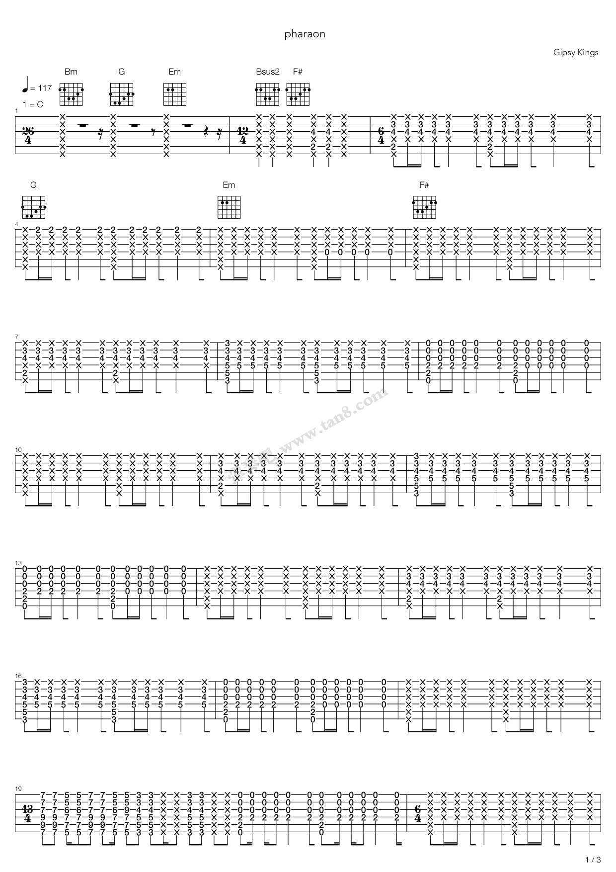 《pharaon (cover)》,gipsy kings(六线谱 吉他谱吉他谱 第1页