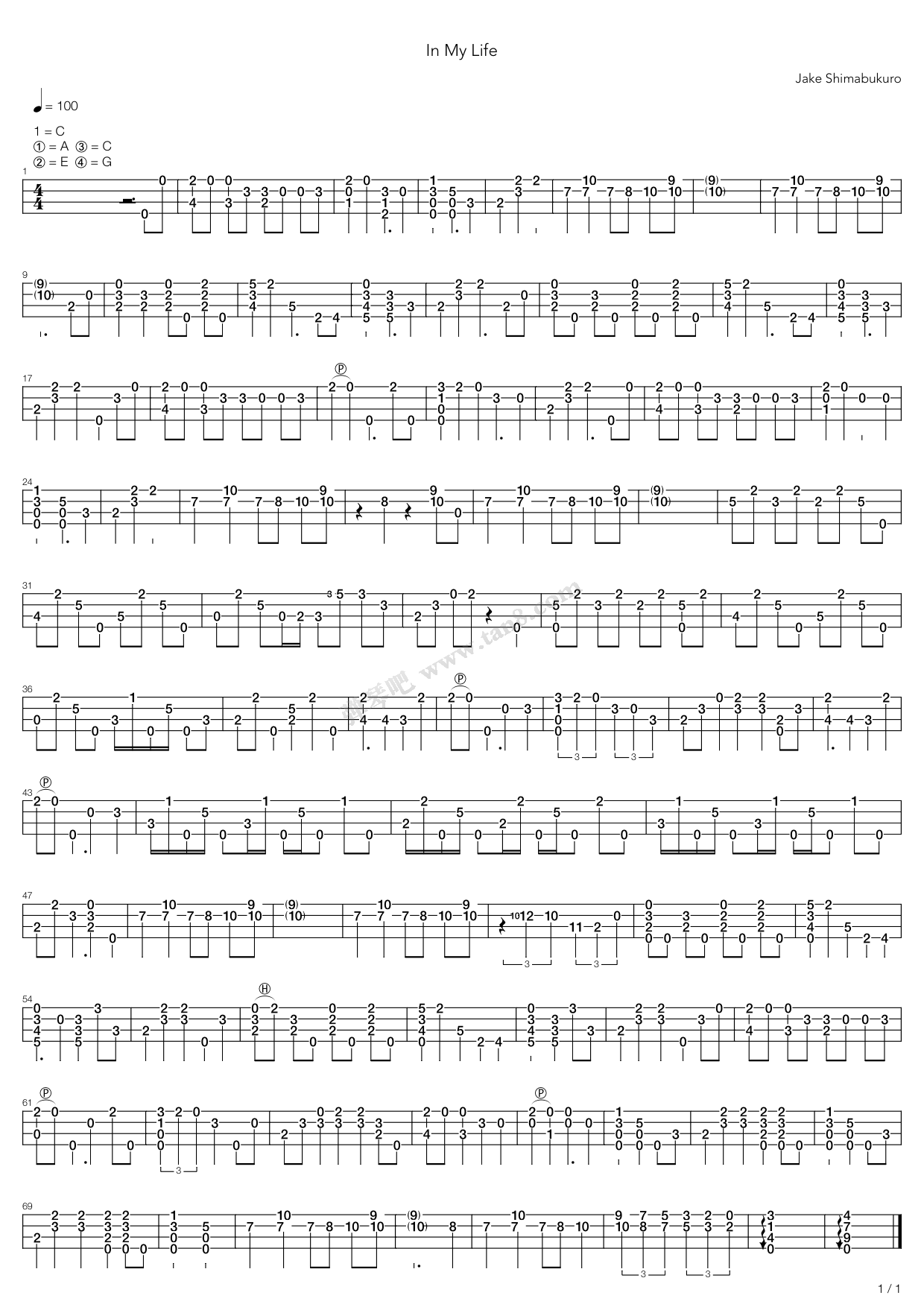 《in my life》,jake shimabukuro(六线谱 吉他谱吉他谱 第1页