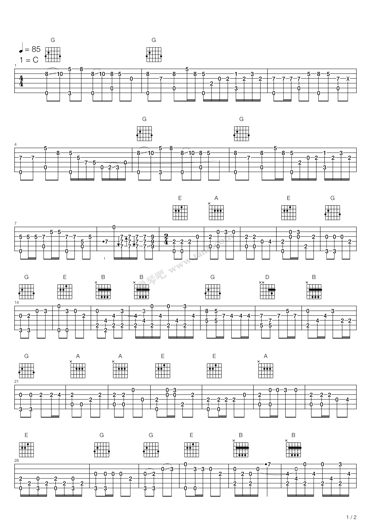 《套马杆》,乌兰托娅(六线谱 吉他谱吉他谱 第1页