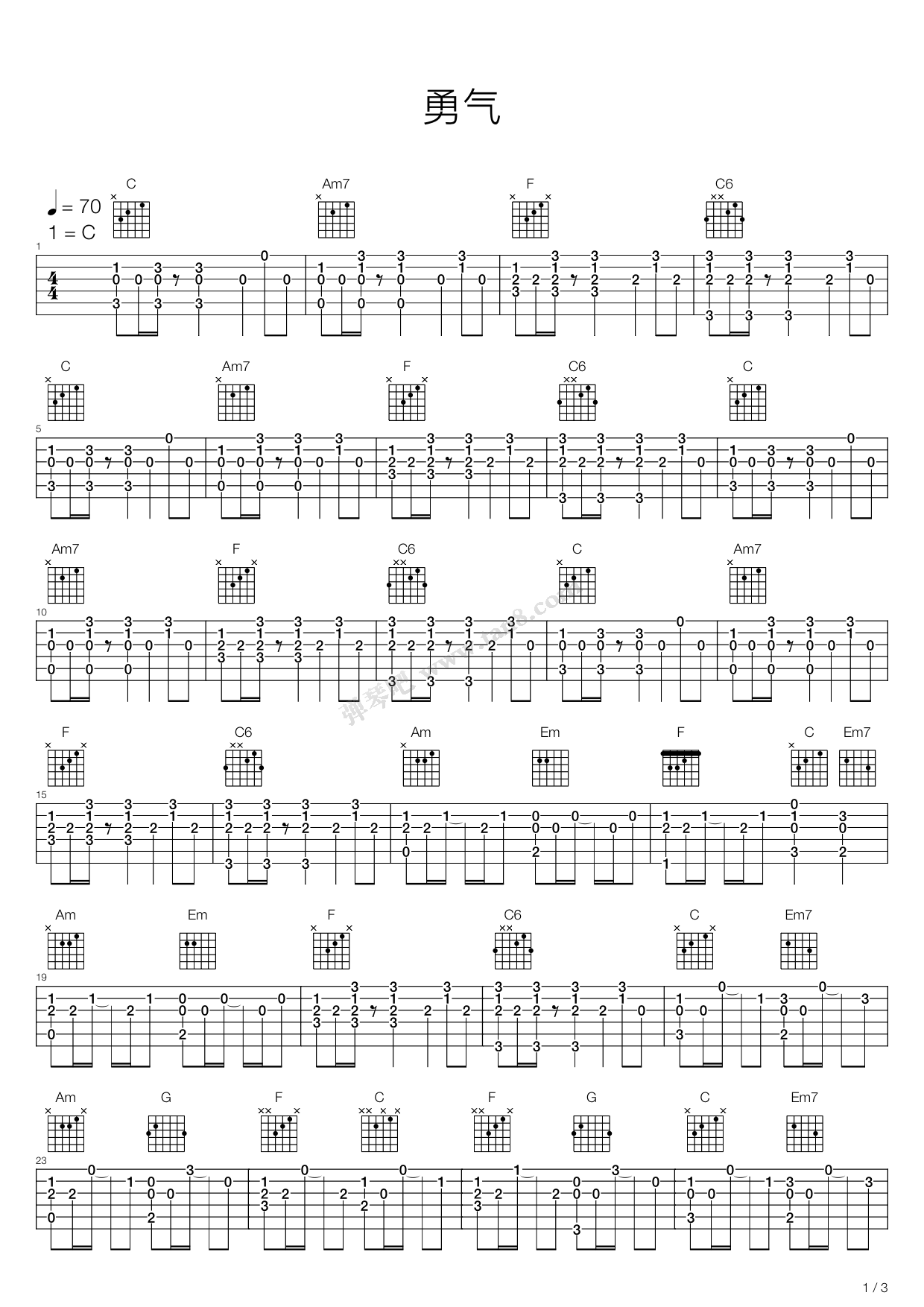 《勇气》,张震岳(六线谱 吉他谱吉他谱 第1页