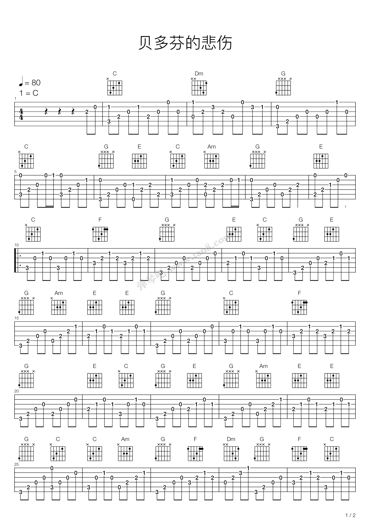 《贝多芬的悲伤》,萧风(六线谱 吉他谱吉他谱 第1页