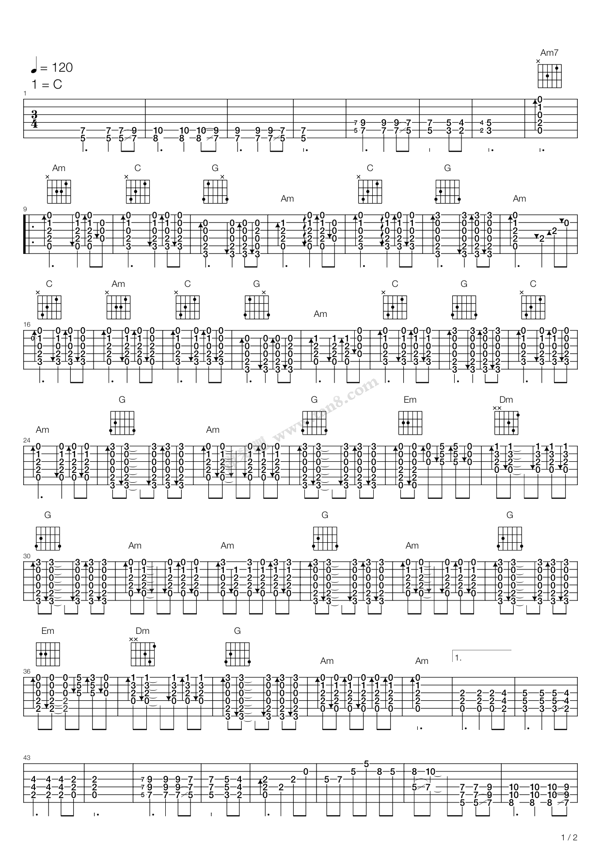 《蝴蝶》,侃侃(六线谱 吉他谱吉他谱 第1页