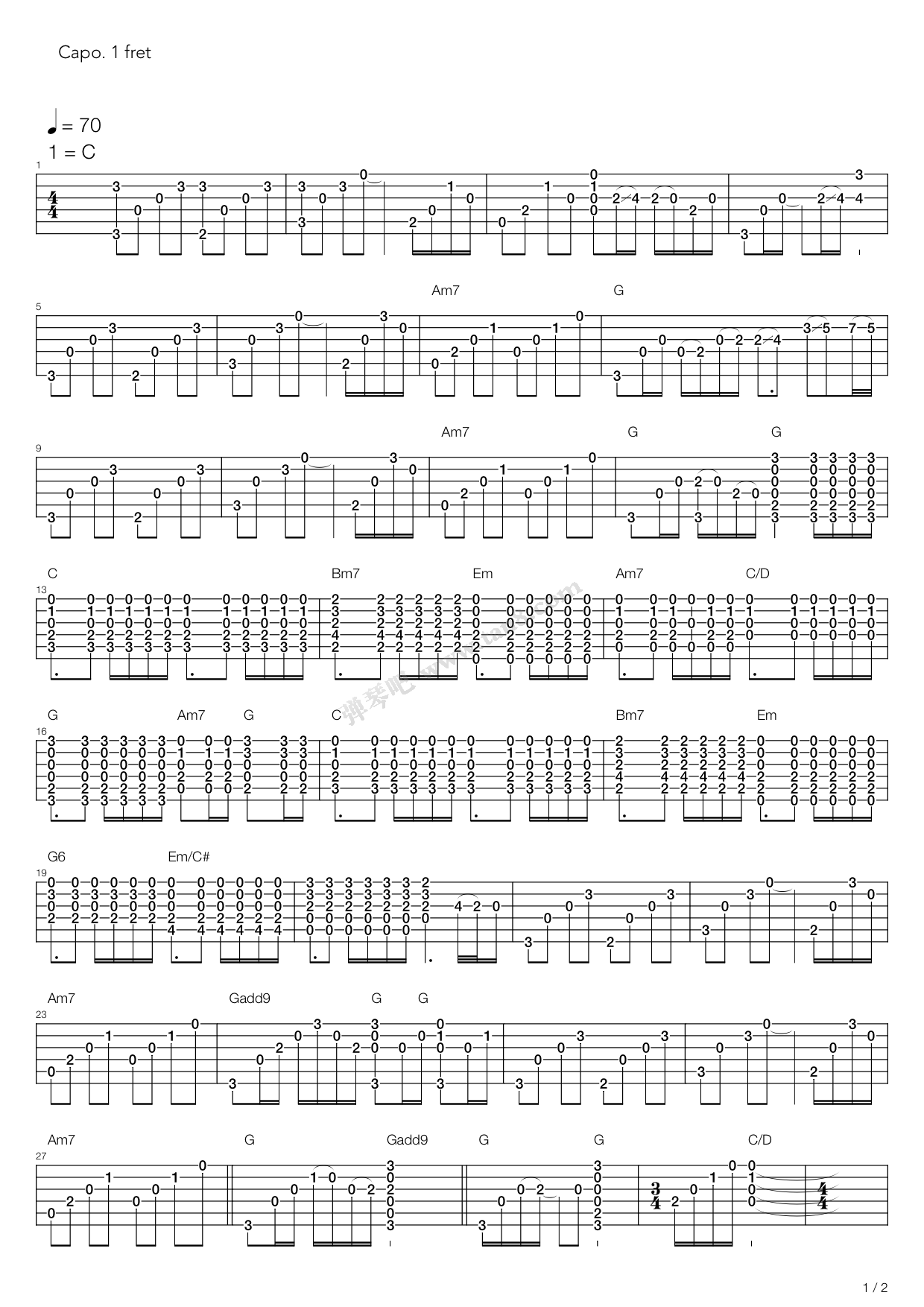 《撕夜》,阿杜(六线谱 吉他谱吉他谱 第1页