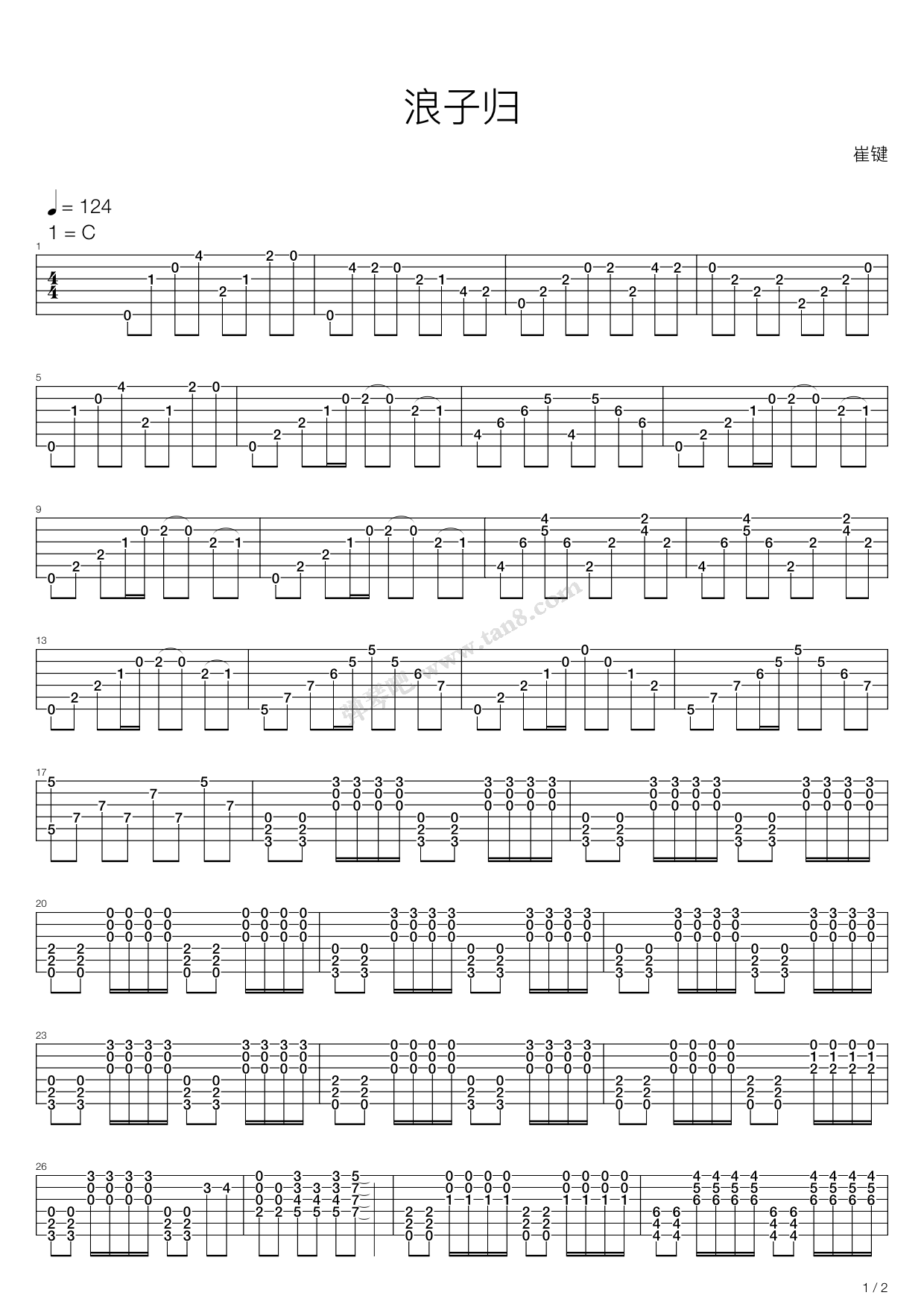 《浪子归》,崔健(六线谱 吉他谱吉他谱 第1页