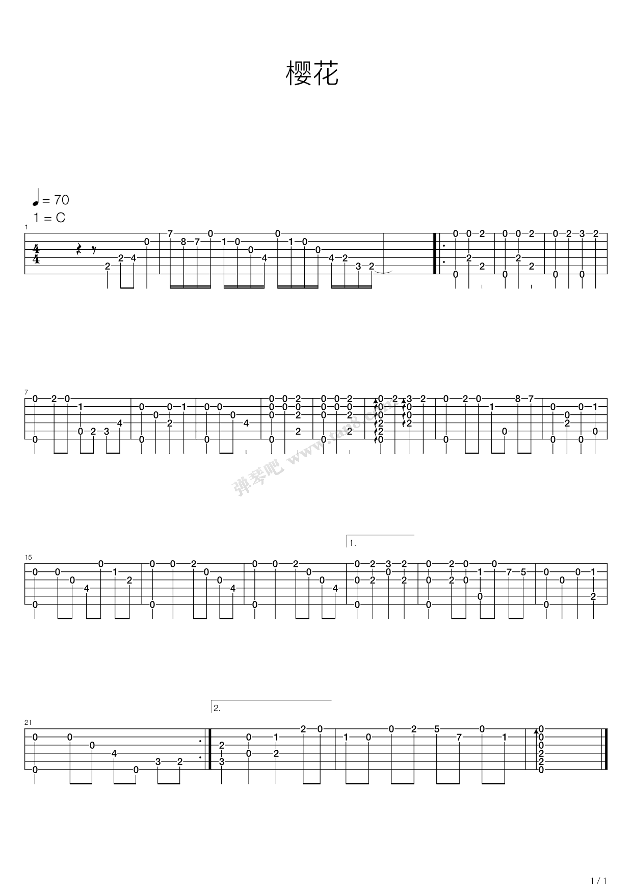 《日本民谣 - 樱花》,群星(六线谱 吉他谱吉他谱 第1页