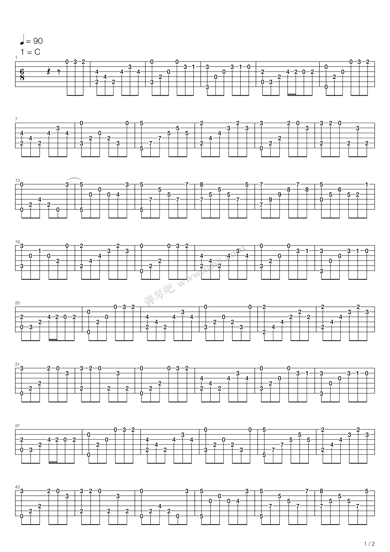 《罗密欧与朱丽叶》完整版指弹六线谱 - 吉他谱 选用C调指法编配 - 初级谱子 - 六线谱(独奏/指弹谱) - 易谱库