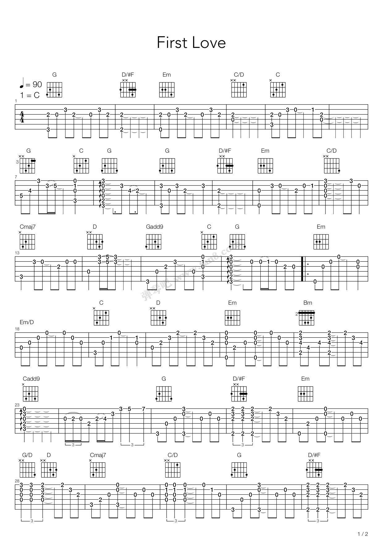 《first love》,宇多田ヒカル(六线谱 吉他谱吉他谱 第1页